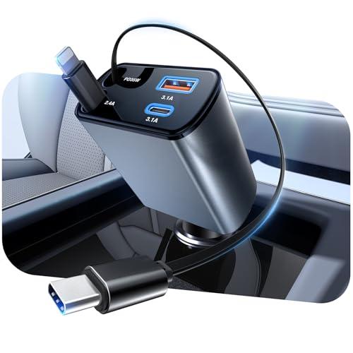 合計77W 巻取り式 シガーソケット 車 充電器 4台同時充電・70cmまきとり充電ケーブル 2本T...