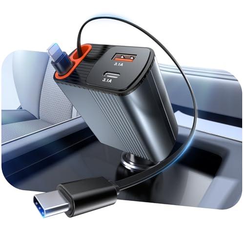 合計80W 巻取り式 シガーソケット 車 充電器 4台同時充電・70cmまきとり充電ケーブル 2本T...