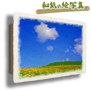 壁掛け 絵 おしゃれ 絵画 インテリア 北欧 アート パネル 和紙 花 夏 空 青 黄色  「白い雲とニッコウキスゲの丘」