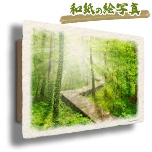 和紙の絵写真 「霧の新緑の白樺林と木漏れ日」 絵画 インテリア 玄関