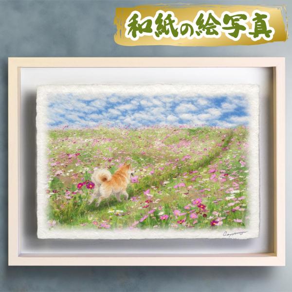 風水 玄関 絵画 絵 インテリア アートパネル 風景画 秋 ピンク 花 和紙の絵写真「秋田犬とコスモ...