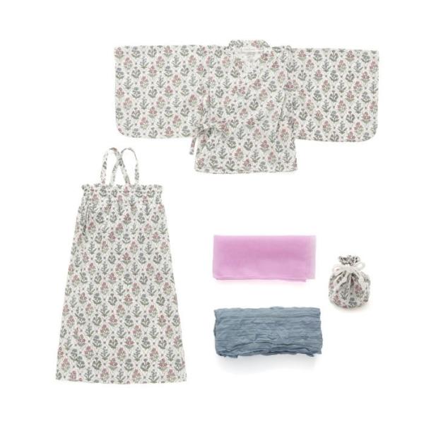 Ampersand アンパサンド ブロックプリント風 花柄セパレート浴衣 巾着付き クリーム 100...