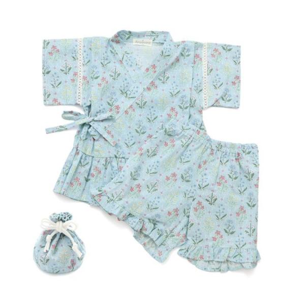 Ampersand アンパサンド 総柄フリル甚平 巾着付き セパレート サックス 90cm 上下セッ...