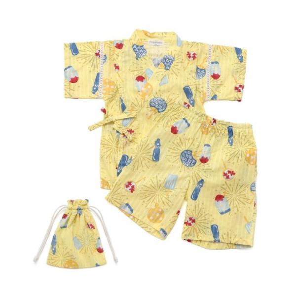 Ampersand アンパサンド 総柄甚平 巾着付き セパレート イエロー 100cm 上下セット ...