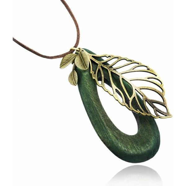 ネックレス レディース ロング 革紐 北欧 風 木製 リング ウッド リーフ ウッドネックレス レデ...