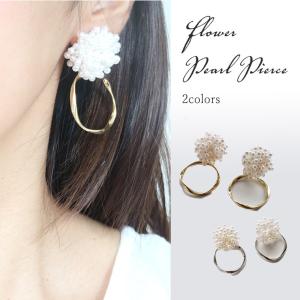 ピアス パール お花モチーフ お花 フラワーモチーフ ゴールド 14金 大人 上品 きれいめ 可愛い リング フープ 大きめ ボリ