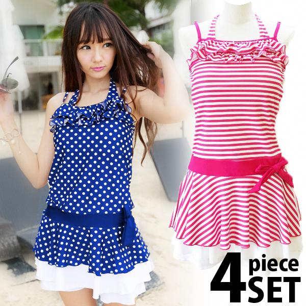 レディース 水着 体型カバー 中学生 高校生 4点セット ワンピース ビキニ ピンク ドット ボーダ...