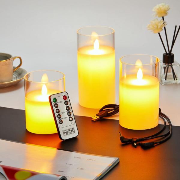 AnnTec LEDキャンドルライト クリアガラスホワイト ロウソク 本物の炎のようにゆらめく3点セ...