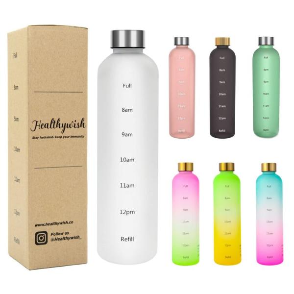 Healthywish タイムマーカー付きウォーターボトル 1リットル 水筒 1000ml スリムで...