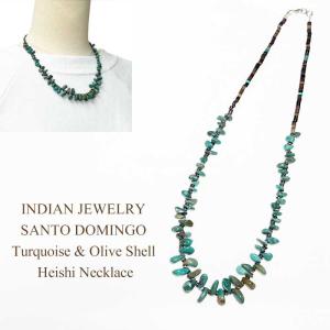 サントドミンゴ族 ターコイズ＆シェル ヒシ ネックレスINDIAN JEWELRY SANTO DOMINGO  Graduated Turquoise & Olive Shell Heishi Necklace｜navie