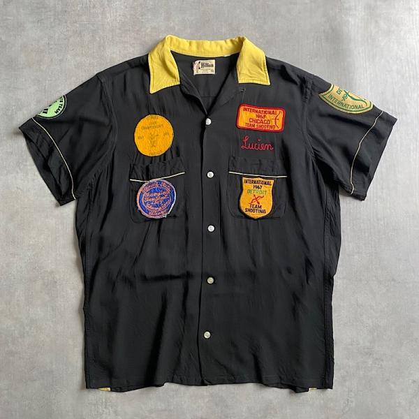 60's HILTON Rayon Flock Print BOWLING SHIRTS BLACK...