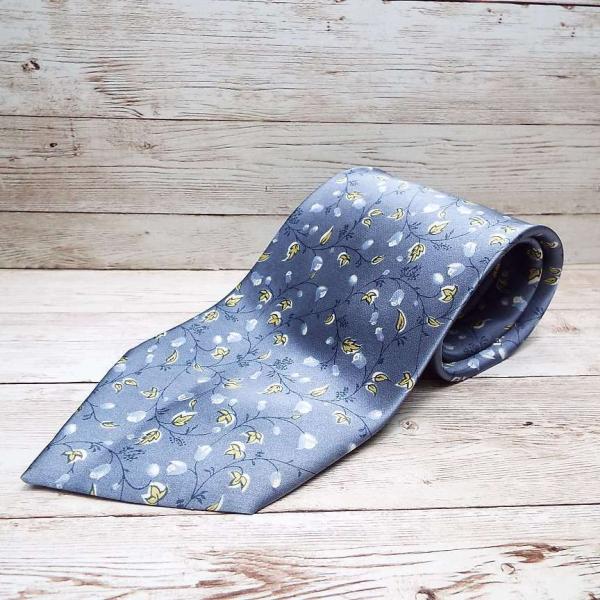 ◎植物柄の素敵な１本】華（はな）　植物柄　グレーブルー系　総柄ネクタイ｜シルク100％｜USED｜ポ...