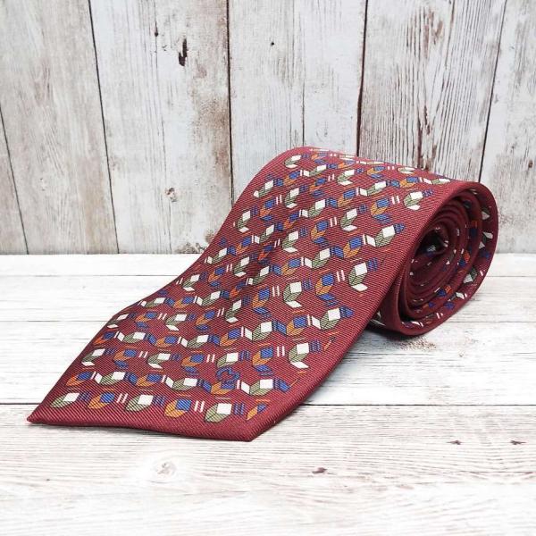 【デザインネク】イタリア製　mila shon ミラショーン 幾何学模様　総柄　ネクタイ｜ワインレッ...