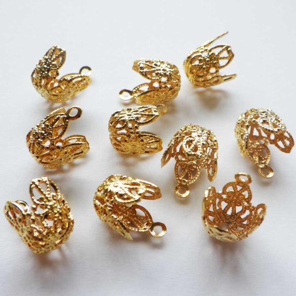 激レア　24金ゴールド加工ビーズキャップ　10ｘ10ｘ13ｍｍ　1つ穴で下がり用の激レアタイプ　10...