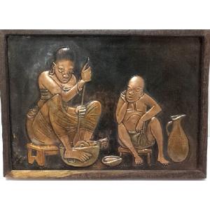 銅彩画：食事を作る女（ZADIO：2006年作）｜neisa-world