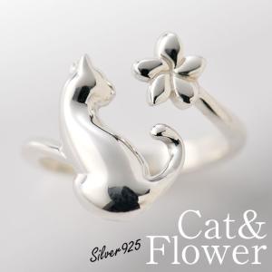 猫 指輪 リング「ネコと花」 / 猫（ネコ・ねこ）モチーフ シルバー（silver925）アクセサリー / 誕生日 記念日 プレゼント かわいい 猫グッズ 猫雑貨｜nekogoods