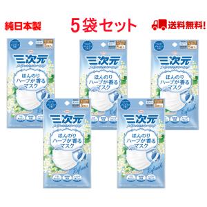 興和 三次元マスク ジャスミンの香り 少し小さめサイズ 5枚入 ほんのりハーブが香るマスク 日本製  使い捨て 送料無料【5枚入x5袋セット】｜nekogoro2020