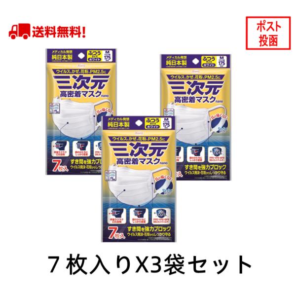 三次元マスク 三次元高密着マスク ナノ 7枚入り×3個セット サージカルマスク M ふつうサイズ 興...