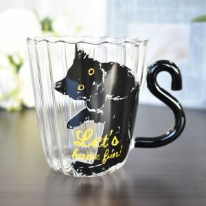 猫雑貨　マグカップ　コップ　ガラス　耐熱　キャットグラスマグカップ　クロ｜nekote-shop
