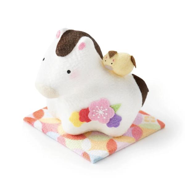 正月飾り2026年令和8年 ちりめん(小)花親子　午（白）  招き午 馬 干支 うま 置物  和縁起...