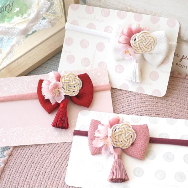 ひな祭り ベビー 和ヘアバンド 髪飾り 八重桜とタッセルくすみちりめんリボン ベビーヘアバンド ヘア...