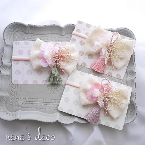 七五三 りぼん 髪飾り ペールトーンタッセルと山桜・生成りちりめんリボン和飾り ヘアバンド/ヘアクリ...