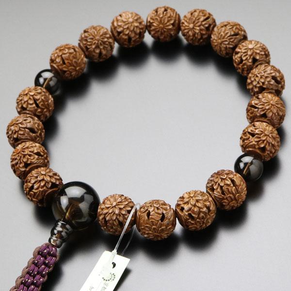 浄土真宗 数珠 男性用 18玉 菊花彫り 柘植 茶水晶 正絹製・紐房 数珠袋付き