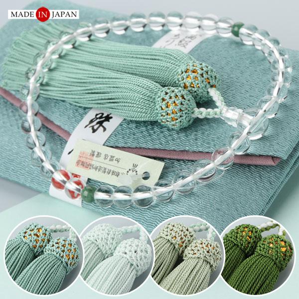 ≪特別価格≫数珠 女性用 約7ミリ 本水晶 印度翡翠 正絹房 数珠袋付き おしゃれ