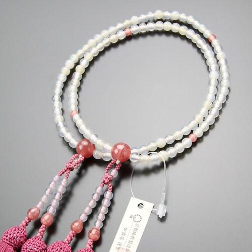 数珠 女性用 二連 八宗派兼用 8寸 白瑪瑙 ロードクロサイト 正絹松風房 数珠袋付き
