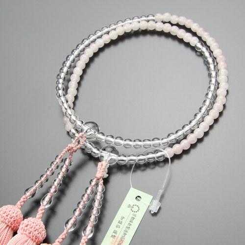 八宗派兼用　8寸　ローズクォーツ/本水晶　正絹2色房　数珠袋付き