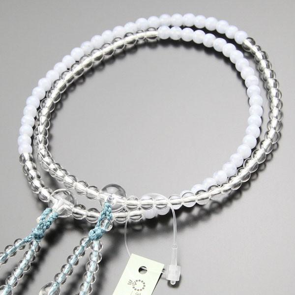 八宗派兼用 数珠 女性用 8寸 ブルーレース/本水晶 正絹2色房 数珠袋付き