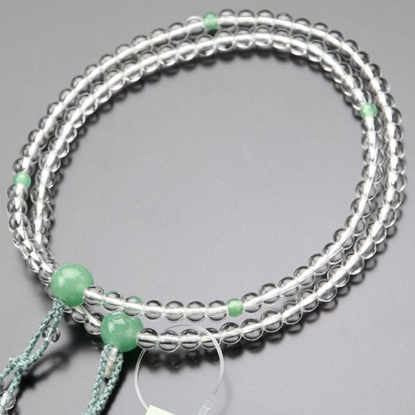 八宗派兼用 数珠 女性用 8寸 本水晶 印度翡翠 正絹2色房 数珠袋付き