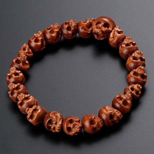 数珠ブレスレット 髑髏彫り 柘植 腕輪念珠