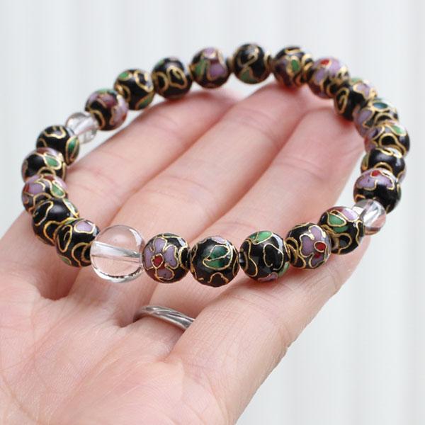 数珠ブレスレット 約8ミリ 七宝焼き（黒） 本水晶