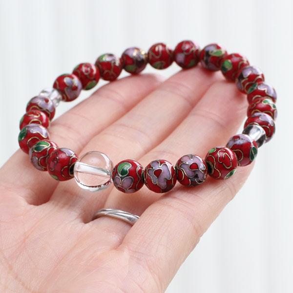 数珠ブレスレット 約8ミリ 七宝焼き（赤）本水晶