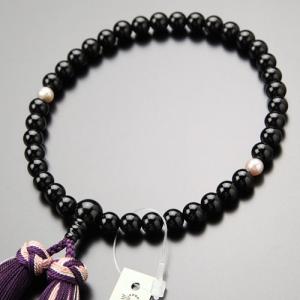 数珠 女性用 約7ミリ 黒オニキス 淡水パール 銀花かがり房 数珠袋付き