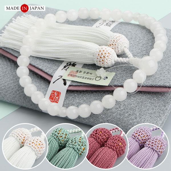 ≪選べる4種類≫数珠 女性用 約8ミリ 白オニキス 正絹房 数珠袋付き おしゃれ