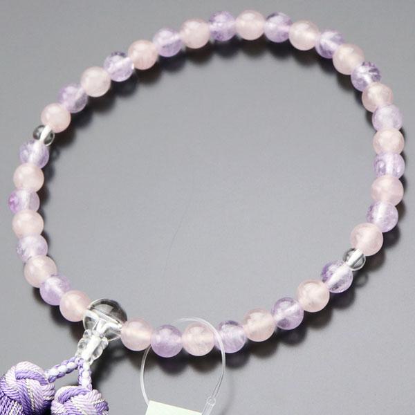 数珠 女性用 約7ミリ ローズクォーツ 藤雲石 交互 本水晶 銀花かがり房 数珠袋付き