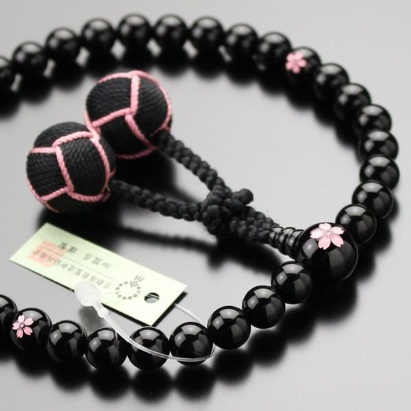 数珠 女性用 約8ミリ 黒オニキス 桜彫り 2色梵天房 数珠袋付き