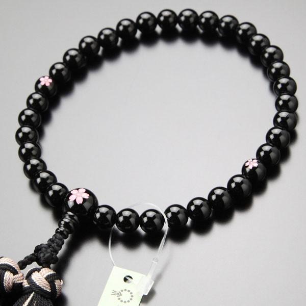 数珠 女性用 約8ミリ 黒オニキス 桜彫り 銀花かがり房 数珠袋付き
