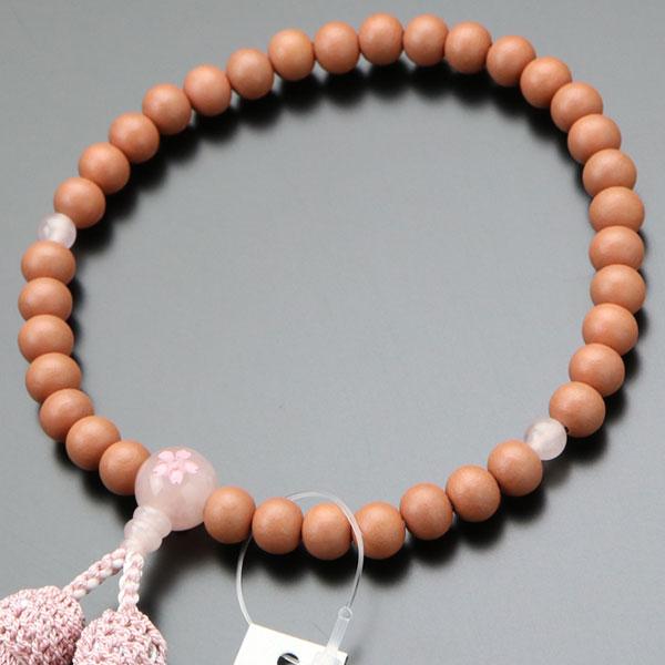 ≪特別価格≫数珠 女性用 約8ミリ 紅桜 ローズクォーツ 桜彫り 正絹2色房 数珠袋付き