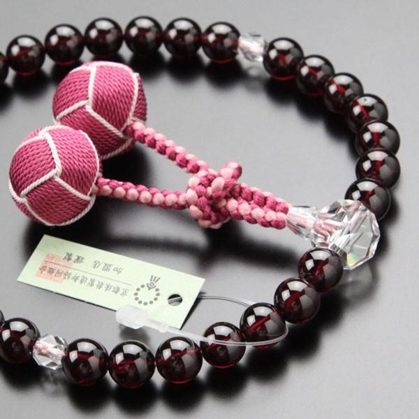 数珠 女性用 約8.5ミリ 4A´ ロードライトガーネット カット水晶 2色梵天房 略式数珠 数珠袋...