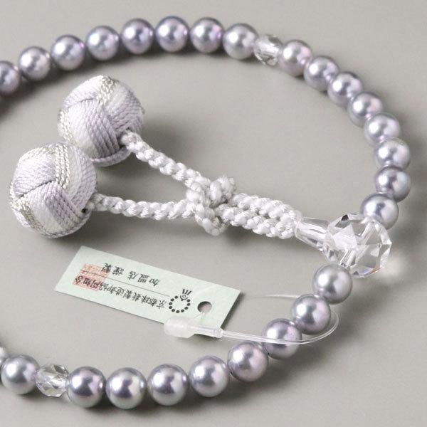 ≪美心（BISHIN）≫鑑別書付き 数珠 女性用 約7.5〜8ミリ 5A´ 本真珠（グレー） カット...