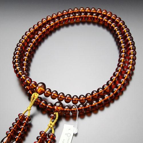 鑑別書付き 数珠 男性用 真言宗 尺三 みかん玉 天然琥珀 梵天房 数珠袋付き
