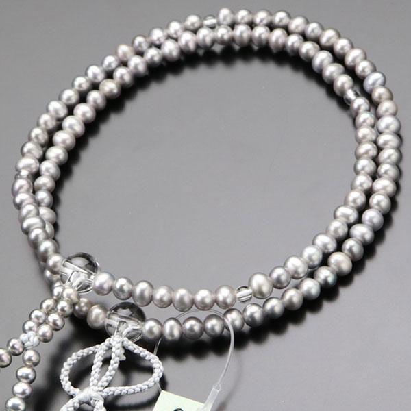 ≪特別価格≫浄土真宗 数珠 女性用 8寸 淡水パール（グレー） 本水晶 正絹2色房 数珠袋付き おし...