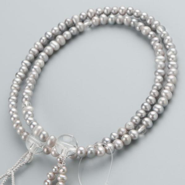 ≪特別価格≫日蓮宗 数珠 女性用 8寸 淡水パール（グレー） 本水晶 正絹製・梵天房 数珠袋付き