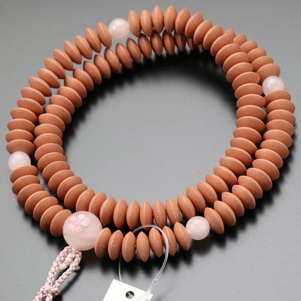 天台宗 数珠 女性用 8寸 紅桜 ローズクォーツ 桜彫り 梵天房 数珠袋付き