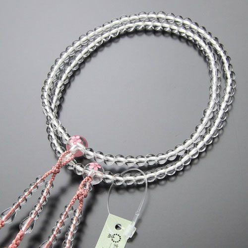 八宗派兼用 数珠 女性用 8寸 桜彫り 本水晶 正絹2色房 数珠袋付き