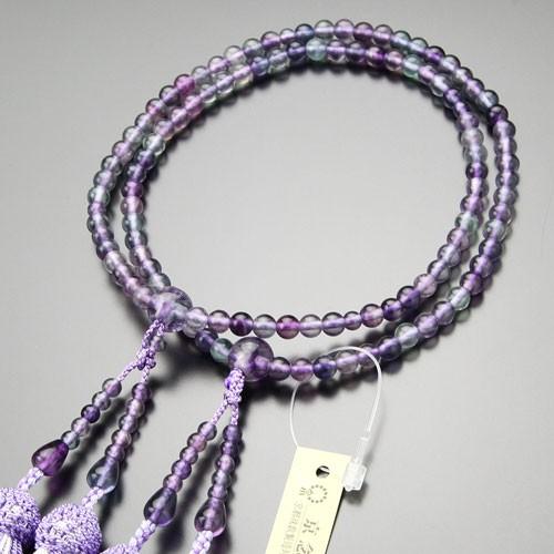 数珠 女性用 八宗派兼用 8寸 蛍石 正絹2色房 数珠袋付き