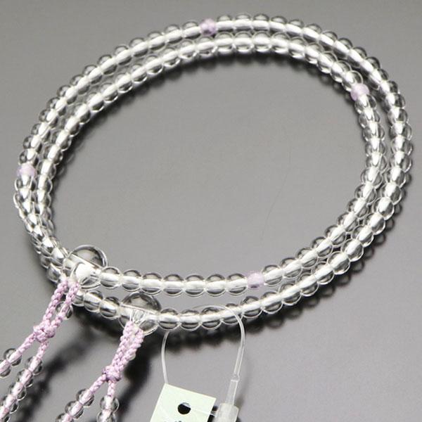 八宗派兼用 数珠 女性用 8寸 本水晶 四天 藤雲石 正絹房 数珠袋付き